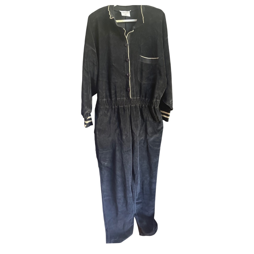 Vintage Nancy Heller‎ Black Velour Long Sleeve Jumpsuit with Gold Trim XL